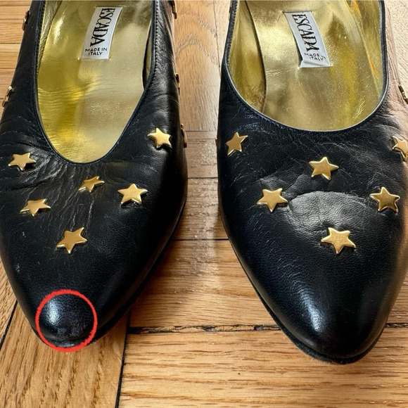Escada Heels 80s Vintage Star-Studded Low Heel Leather Black Sz 8.5 - Picture 4 of 9